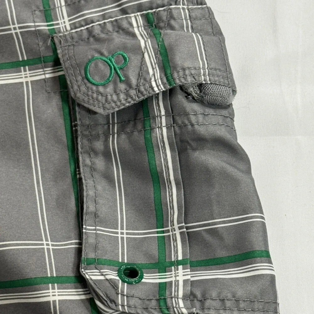 OP Ocean Pacific Board Shorts Men M 32/34 Grey/Green Windowpane Cargo Swim‎ READ